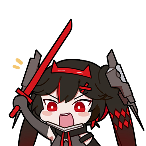 1girl, black_hair, bright_pupils, chibi, chibi_only, chinese_commentary, commentary_request, euyueuy, gradient_hair, hair_between_eyes, hair_ornament, holding, holding_sword, holding_weapon, horn_hairband, horns, katana, looking_ahead, lucia:_dawn_(pgr), lucia_(pgr), multicolored_hair, official_art, open_mouth, punishing:_gray_raven, red_eyes, red_horns, redhead, simple_background, solo, sword, twintails, upper_body, v-shaped_eyebrows, weapon, white_background, white_pupils, x_hair_ornament