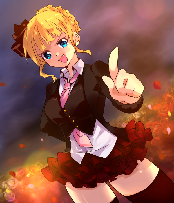 beatrice, blonde_hair, blue_eyes, fang, flower, frills, red_rose, rose