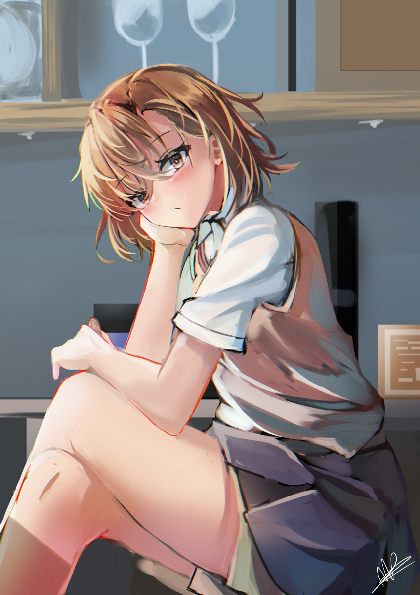 1girl, :/, absurdres, brown_eyes, brown_hair, brown_sweater_vest, coin, collared_shirt