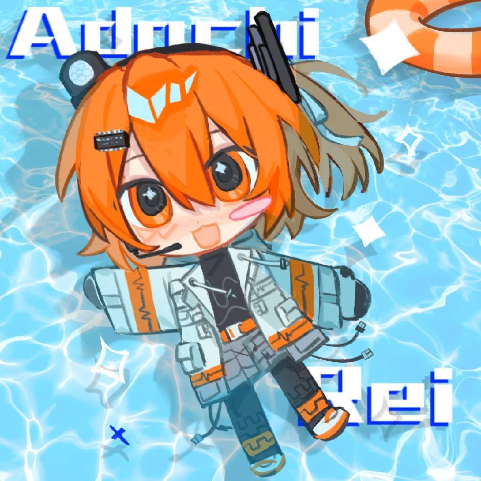 a.i._voice, adachi_rei, afloat, black_gloves, black_pantyhose, black_shirt, blush, chibi, chibi_only, dill_(adachi_rei_zero), gloves, grey_shirt, hair_ornament, hair_ribbon, hairclip, headlamp, jacket, looking_at_viewer, microphone, open_clothes, open_jacket, open_mouth, orange_eyes, orange_hair, pantyhose, radio_antenna, ribbon, shirt, shoes, side_ponytail, skirt, sneakers, swim_ring, utau, water, white_footwear, white_jacket, white_ribbon