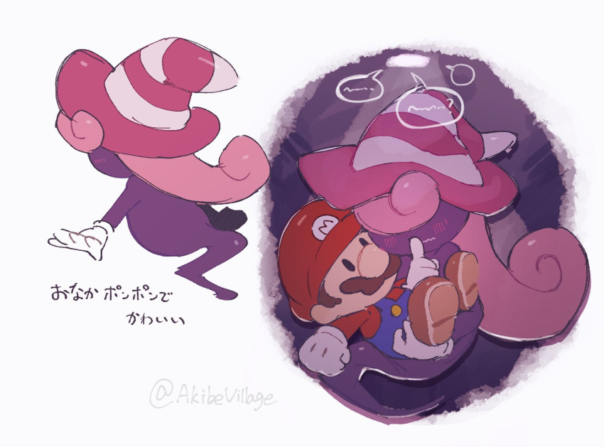 1boy, 1girl, ?, akibevillage, blank_speech_bubble, blue_overalls, blush, brown_footwear, brown_hair, carrying, closed_mouth, colored_skin, facial_hair, finger_to_mouth, full_body, ghost_tail, gloves, hat, index_finger_raised, long_hair, mario, mustache, overalls, paper_mario, paper_mario:_the_thousand_year_door, paper_mario_(character), pink_hair, pink_hat, princess_carry, purple_skin, red_hat, red_shirt, shirt, short_hair, shushing, simple_background, speech_bubble, striped_clothes, striped_headwear, super_mario_bros., translation_request, twitter_username, vivian_(paper_mario), wavy_mouth, white_background, white_gloves, witch_hat