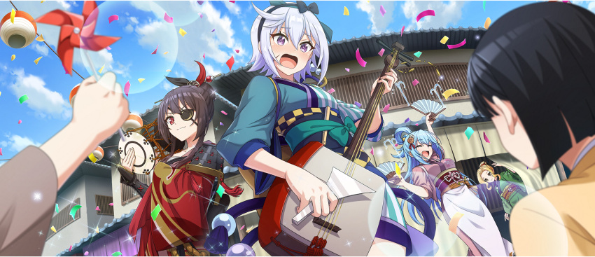 4girls, apron, aqua_(konosuba), aqua_kimono, architecture, black_hairband, blonde_hair, blue_hair, blue_sky, bow, bow_hairband, brown_hair, chris_(konosuba), closed_eyes, clouds, cloudy_sky, confetti, day, drum, east_asian_architecture, edo_jidai, eyepatch, flower, folded_ponytail, from_below, furrowed_brow, game_cg, green_kimono, grey_hair, hair_between_eyes, hair_bow, hair_bun, hair_flower, hair_ornament, hair_stick, hairband, hand_fan, highres, holding, holding_instrument, instrument, japanese_clothes, kimono, kono_subarashii_sekai_ni_shukufuku_wo!, konosuba!_fantastic_days, light_blue_hair, long_hair, looking_at_viewer, looking_down, luna_(konosuba), megumin, multiple_girls, music, obi, obijime, official_alternate_costume, official_alternate_hairstyle, official_art, open_mouth, pink_kimono, playing_instrument, red_eyes, red_kimono, sash, scar, scar_on_cheek, scar_on_face, shamisen, short_hair, short_hair_with_long_locks, short_kimono, side_ahoge, sidelocks, single_hair_bun, single_hair_ring, sky, striped_clothes, striped_kimono, tokyo_(city), tsuzumi, v-shaped_eyebrows, vertical-striped_clothes, vertical-striped_kimono, violet_eyes, waist_apron, yellow_eyes
