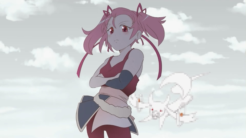 1girl, bare_shoulders, bow, censored, clouds, cloudy_sky, crossed_arms, crossover