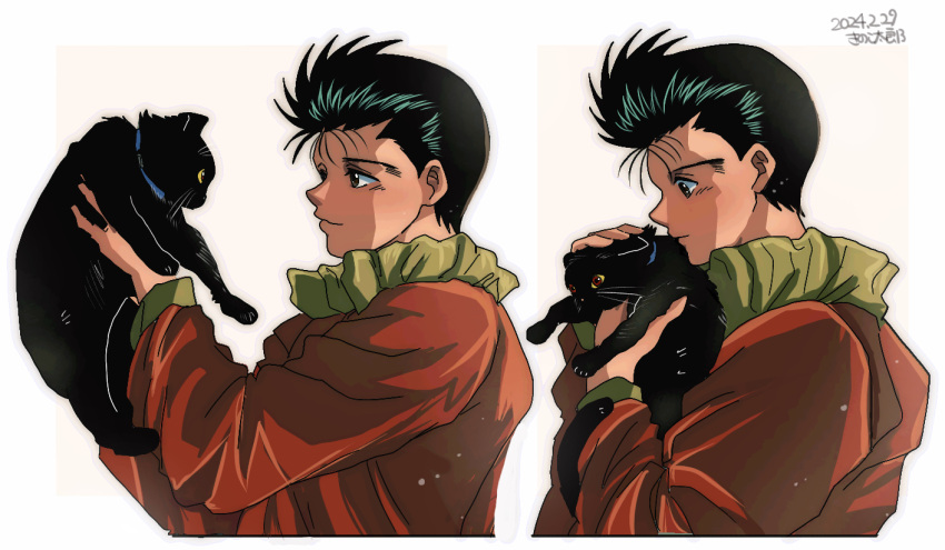 1boy, animal, black_cat, black_hair, cat, commentary_request, cropped_torso, dated