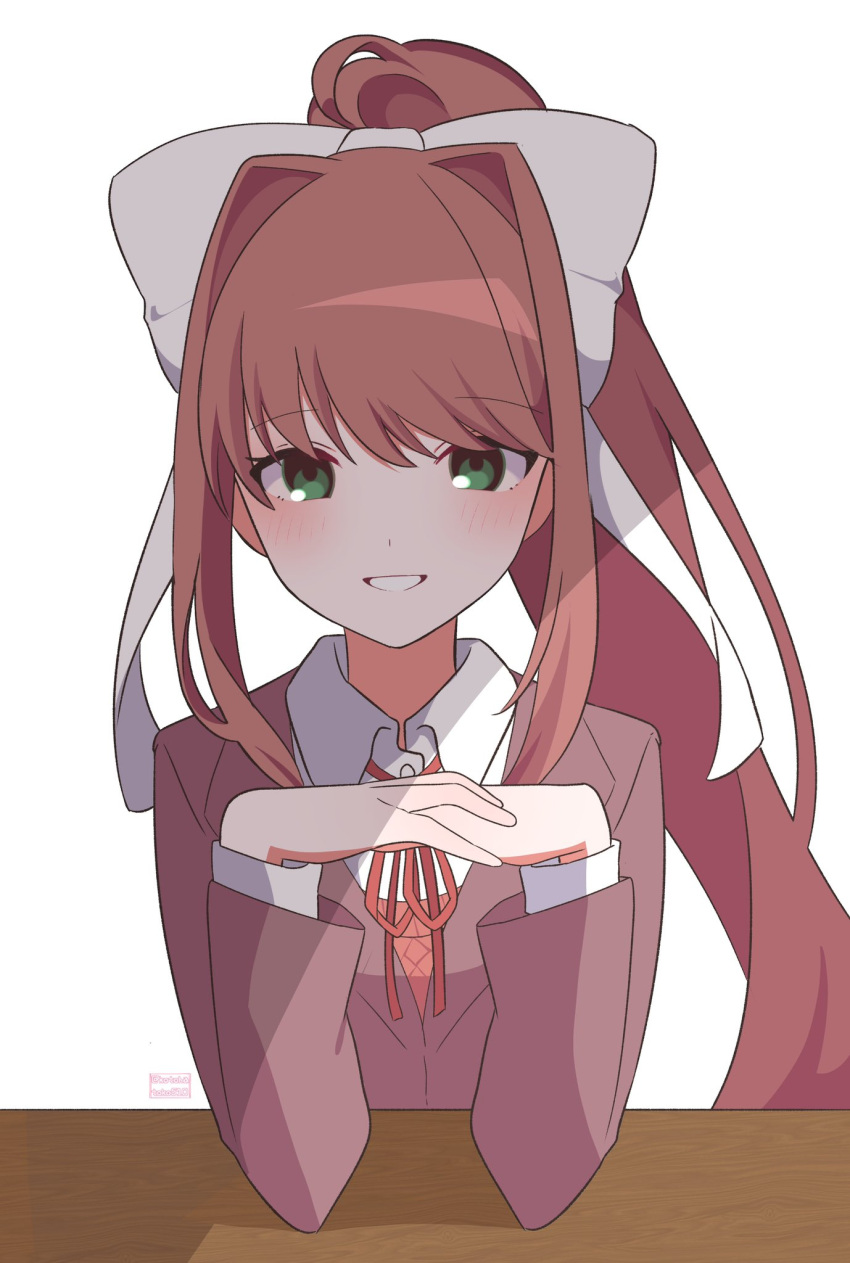 1girl, bow, brown_hair, doki_doki_literature_club, green_eyes, hair_bow, hair_ribbon, highres