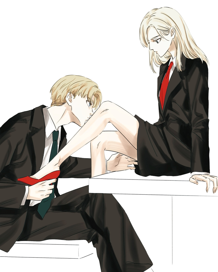1boy, 1girl, alternate_costume, annie_leonhart, aqua_eyes, armin_arlert, bare_legs, black_jacket, black_pants, black_skirt, blonde_hair, blue_eyes, chair, closed_mouth, collared_jacket, collared_shirt, couple, from_side, green_necktie, hands_up, hetero, high_heels, highres, jacket, kiss, kissing_leg, leaning_back, long_hair, long_sleeves, looking_at_another, looking_down, looking_up, necktie, on_chair, on_table, pants, parted_bangs, red_footwear, red_necktie, shingeki_no_kyojin, shirt, short_hair, sitting, skirt, table, white_background, white_shirt, yi_(199702090505)