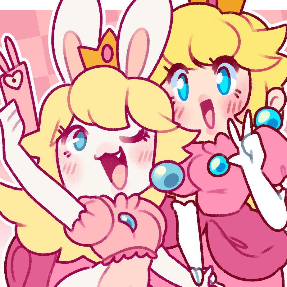 2girls, blonde_hair, blue_eyes, crown, dress, earrings, elbow_gloves, gloves, jaltoid, jewelry, mario_+_rabbids_kingdom_battle, multiple_girls, one_eye_closed, open_mouth, phone, pink_background, pink_dress, princess_peach, rabbid, rabbid_peach, raving_rabbids, selfie, smile, sphere_earrings, super_mario_bros., v, white_gloves