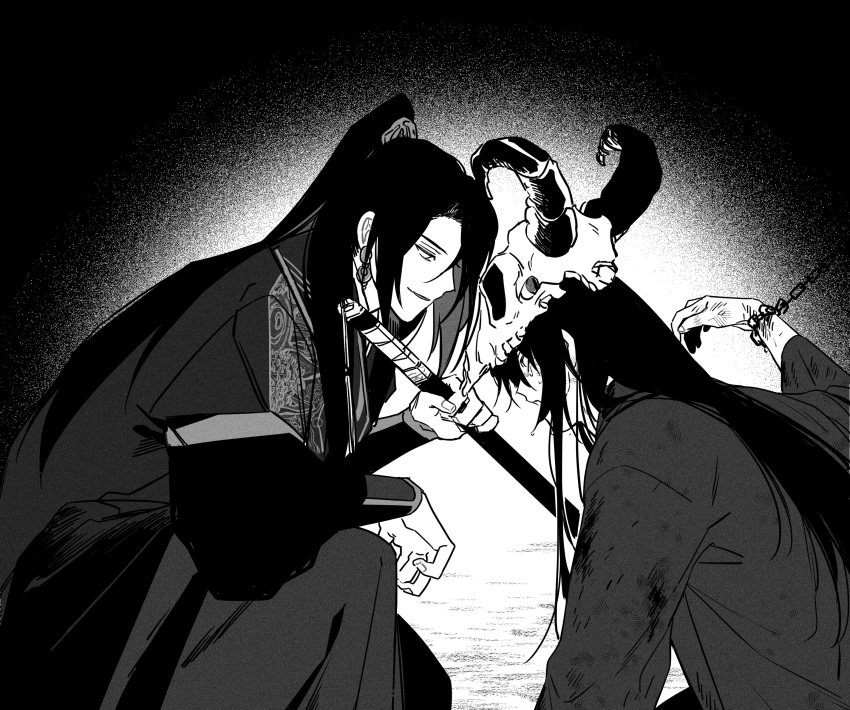 2boys, 333_2d, absurdres, arm_on_knee, black_background, chain, chained_wrists, chinese_clothes