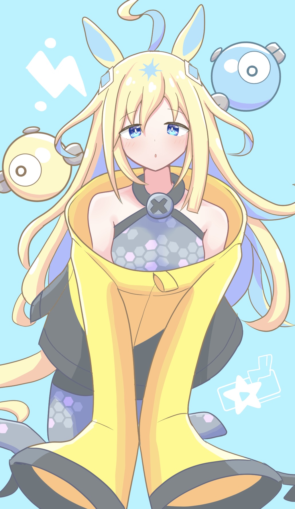 1girl, 2nisikoyn, ahoge, animal_ears, bellibolt, blonde_hair, blue_eyes, blue_hair