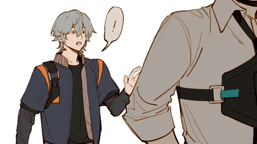 !, 2boys, asaba_harumasa, green_jacket, grey_hair, hair_between_eyes, jacket, looking_at_another, male_focus, moji00x00x, multiple_boys, open_mouth, shirt, short_hair, sidelocks, simple_background, solo_focus, upper_body, white_background, white_shirt, wise_(zenless_zone_zero), zenless_zone_zero