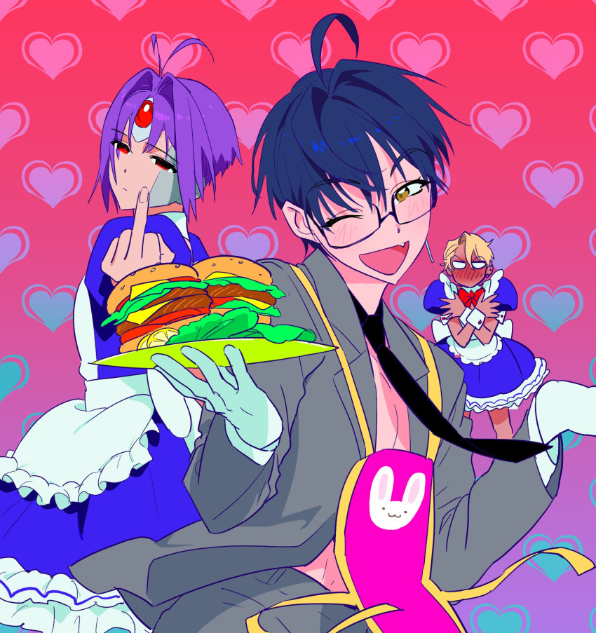 3boys, ahoge, antenna_hair, apron, black_necktie, blank_eyes, blonde_hair, blue_dress