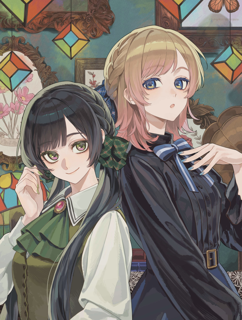 2girls, absurdres, aiceclass, ascot, belt, belt_buckle, black_belt, black_dress
