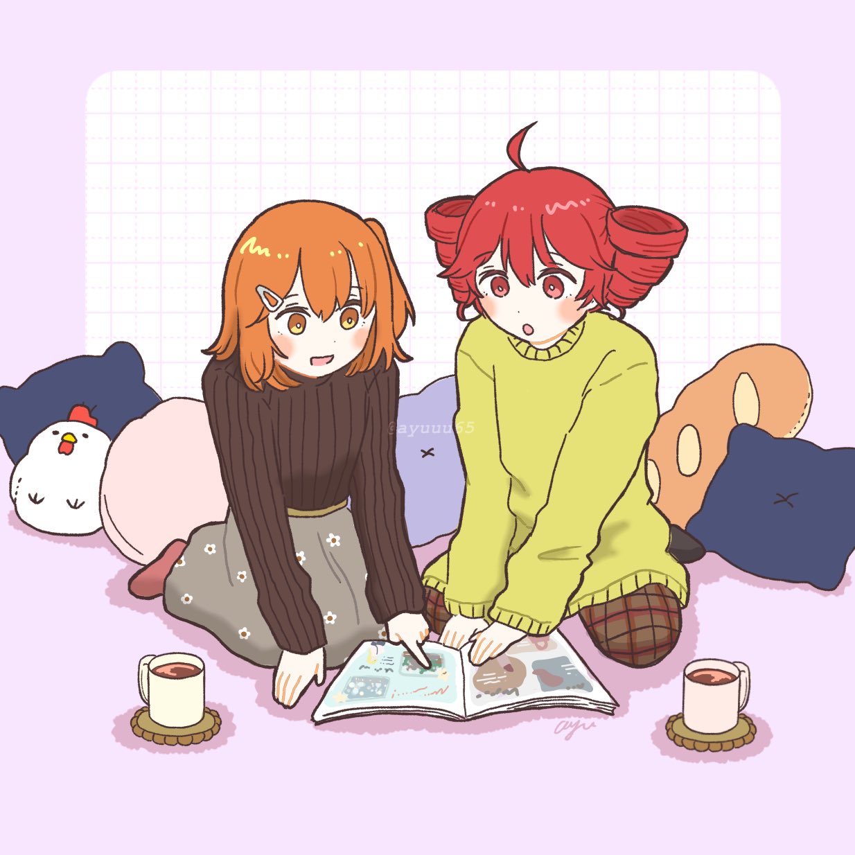 2girls, :o, a.i._voice, adachi_rei, ahoge, animal-shaped_pillow, ayuuu65, black_sweater, blush, coffee_mug, cup, double-parted_bangs, drill_hair, flat_chest, food-themed_pillow, full_body, green_pants, green_sweater, hair_between_eyes, hair_ornament, hairclip, highres, kasane_teto, kneeling, long_hair, long_sleeves, mug, multiple_girls, open_mouth, orange_hair, pants, pillow, red_eyes, red_socks, redhead, skirt, sleeves_past_elbows, socks, sweater, twin_drills, utau