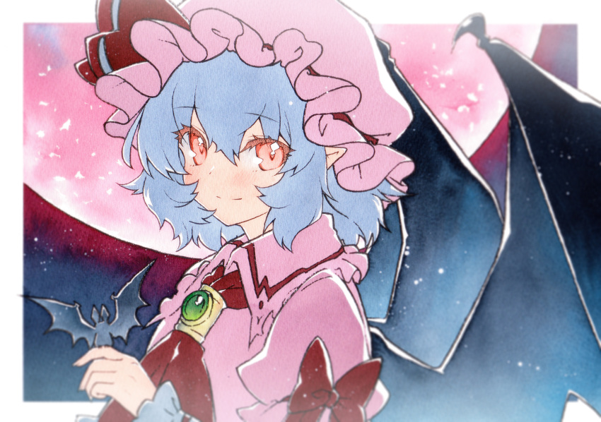 1girl, ascot, bat_(animal), bat_on_hand, bat_wings, black_wings, blue_hair, border