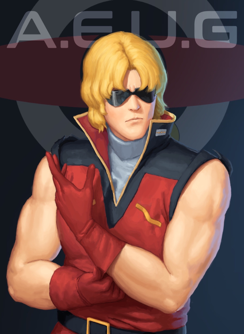 1boy, adjusting_clothes, adjusting_gloves, aeug, bare_shoulders, belt, blonde_hair, blue_background