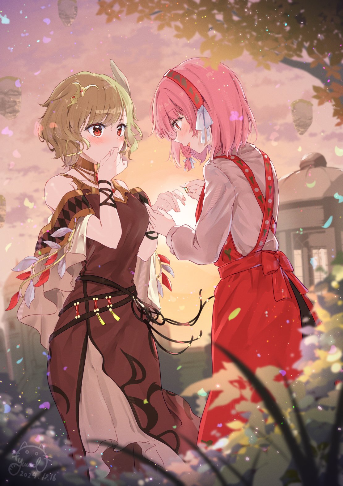 2girls, bare_shoulders, blonde_hair, brown_dress, citrinne_(fire_emblem), dress, earrings, fire_emblem