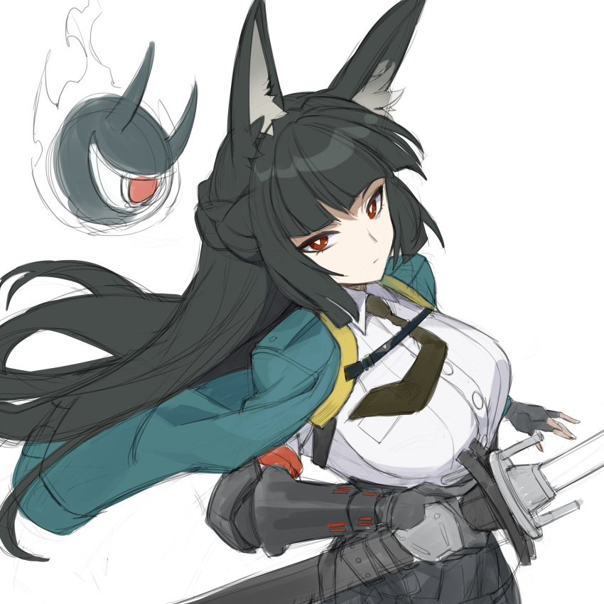 1girl, absurdres, animal_ears, black_gloves, black_hair, black_necktie, blunt_bangs, closed_mouth