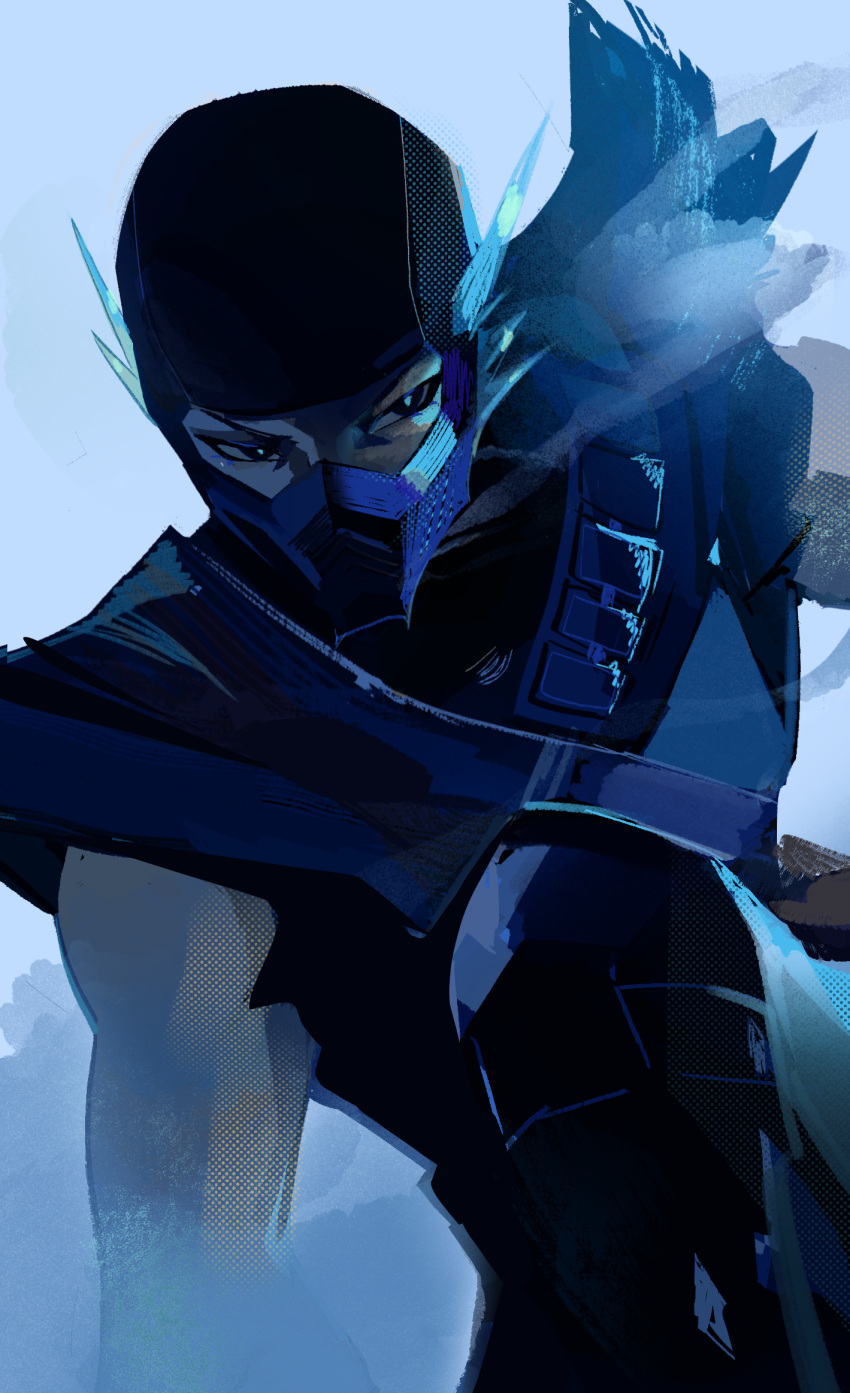 1boy, breath, commentary, covered_mouth, cowboy_shot, english_commentary, highres, icicle