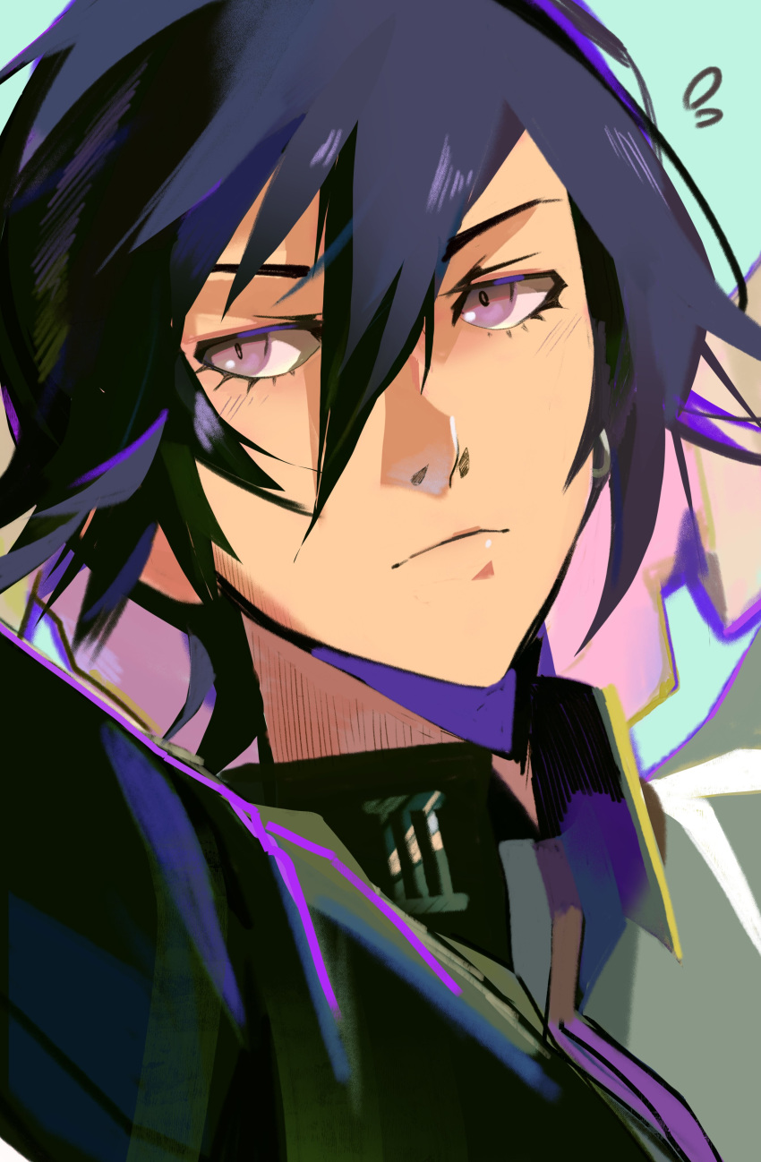 1boy, absurdres, blue_hair, closed_mouth, collared_jacket, commentary, dark_blue_hair, dutch_angle