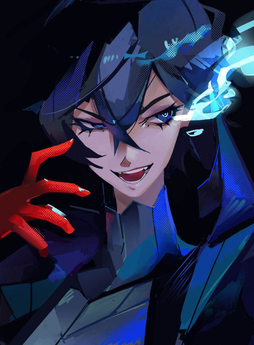 1boy, absurdres, amamiya_ren, arm_up, black_background, blue_eyes, blue_fire, blue_hair
