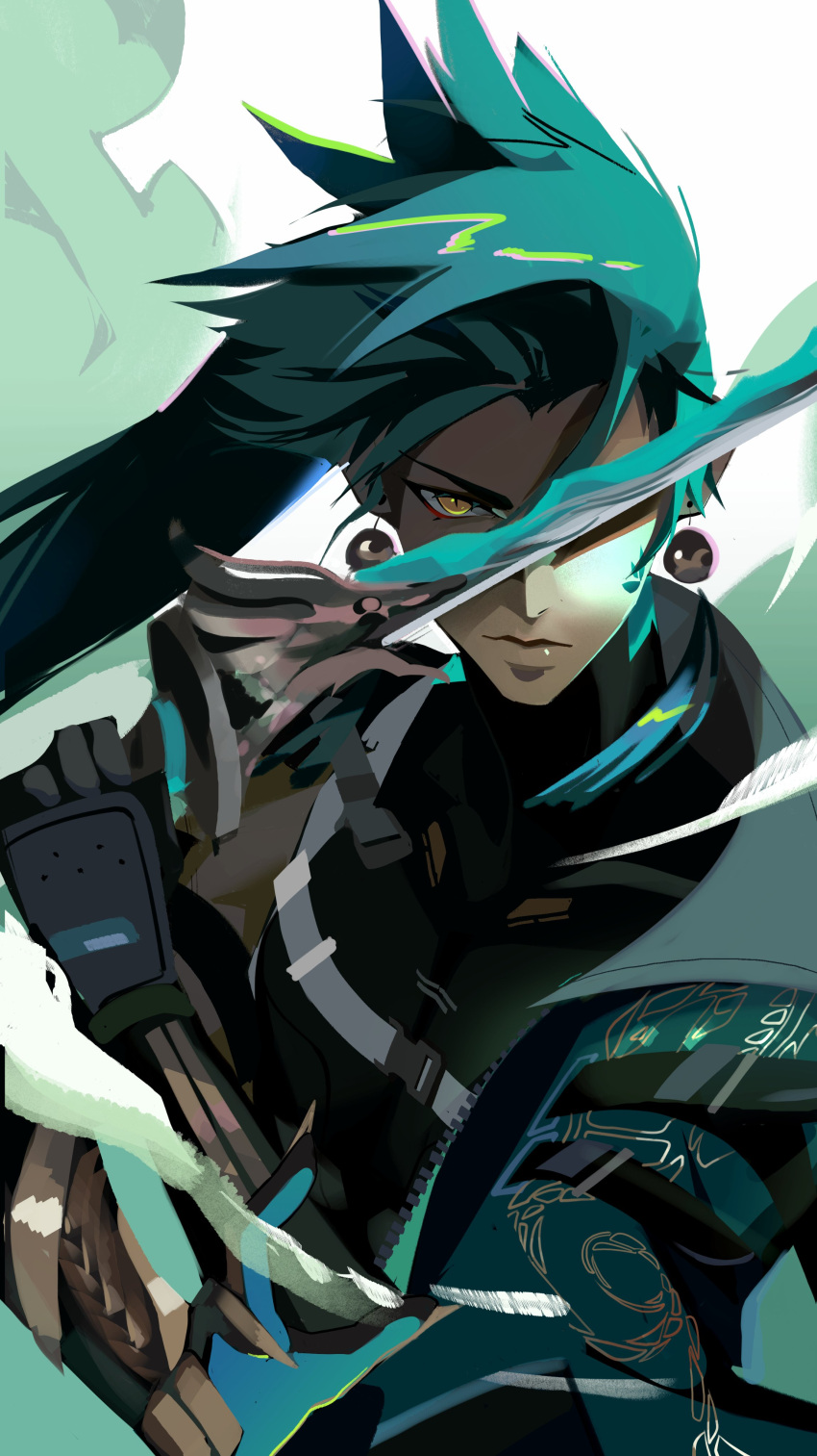 1boy, absurdres, arm_up, belt, belt_buckle, black_gloves, black_shirt, buckle, chest_belt, closed_mouth, collared_coat, commentary, compression_shirt, ear_piercing, earrings, english_commentary, gloves, green_hair, highres, holding, holding_sword, holding_weapon, jewelry, jiyan_(wuthering_waves), male_focus, nem_graphics, patterned_clothing, piercing, shirt, solo, sword, upper_body, weapon, white_background, white_belt, wuthering_waves, yellow_eyes