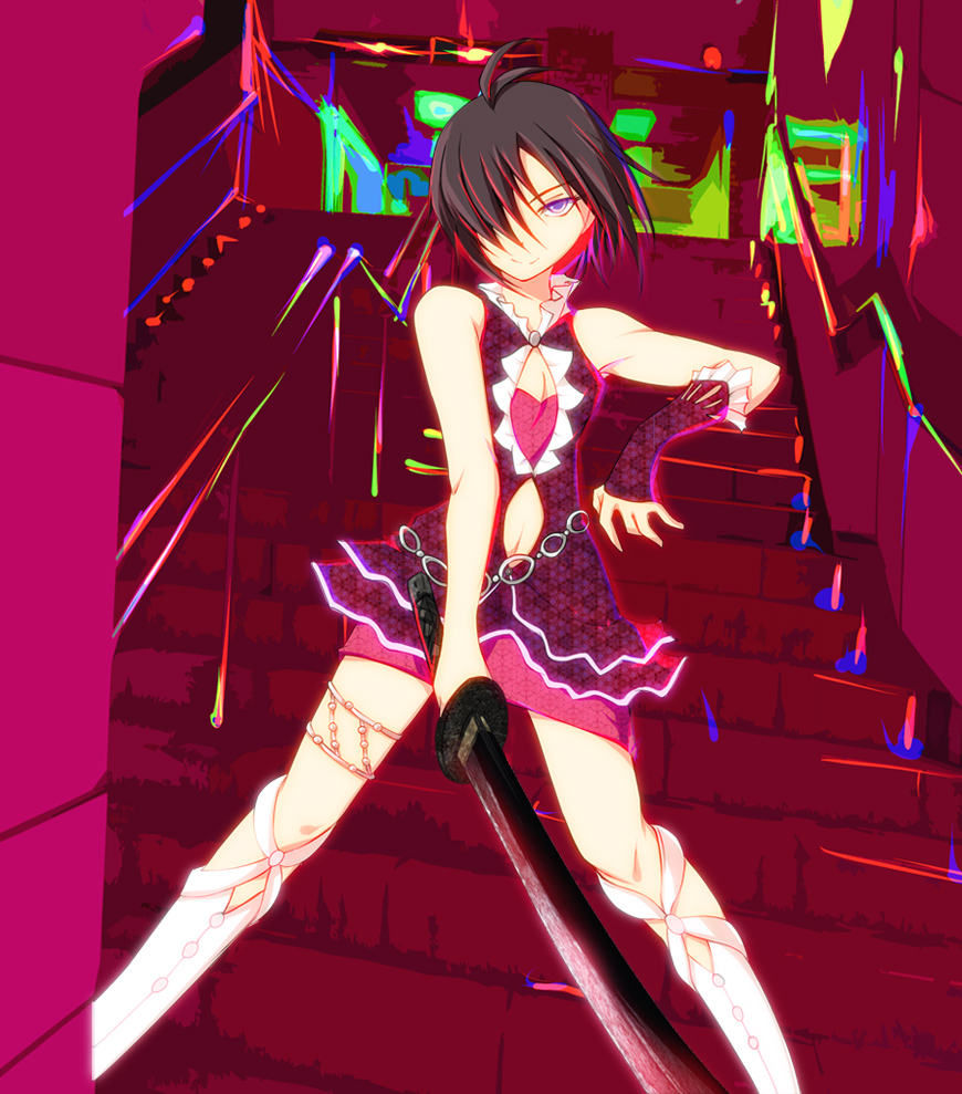ahoge, akenoin, akenoin_soumon, bad_id, bare_shoulders, black_hair, dress, fingerless_gloves
