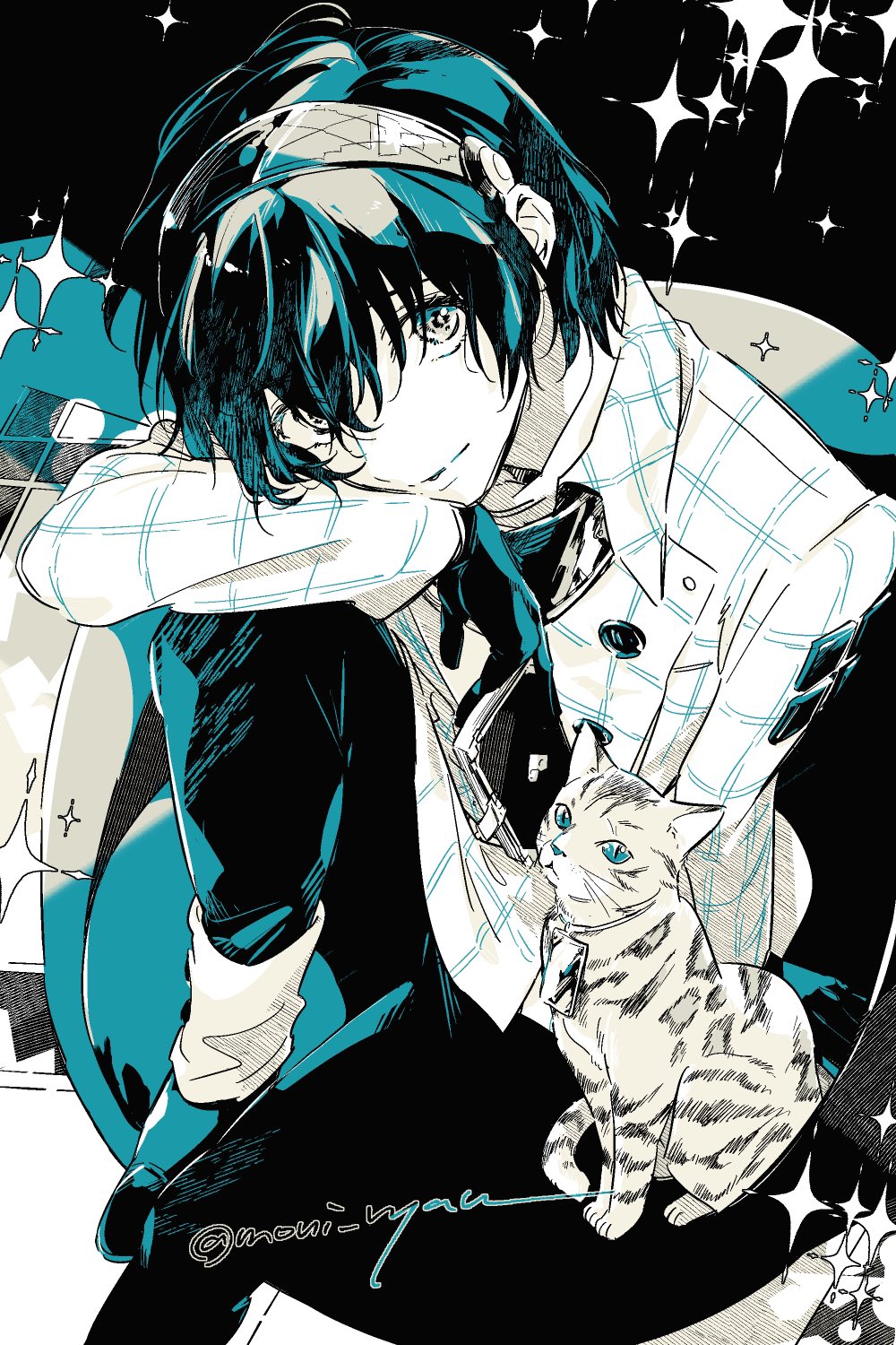 1boy, animal, animal_collar, arm_on_knee, blue_hair, cat, closed_mouth, collar