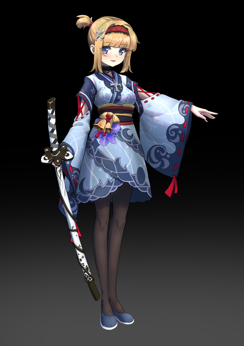 absurdres, black_choker, blonde_hair, blue_footwear, blue_hanfu, brown_pantyhose, chinese_clothes, choker