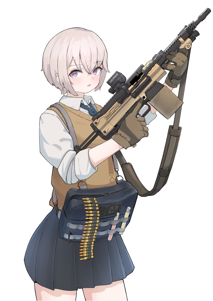 absurdres, aiming_up, ammunition_belt, ammunition_box, bag, blue_bag, blue_eyes, blue_necktie