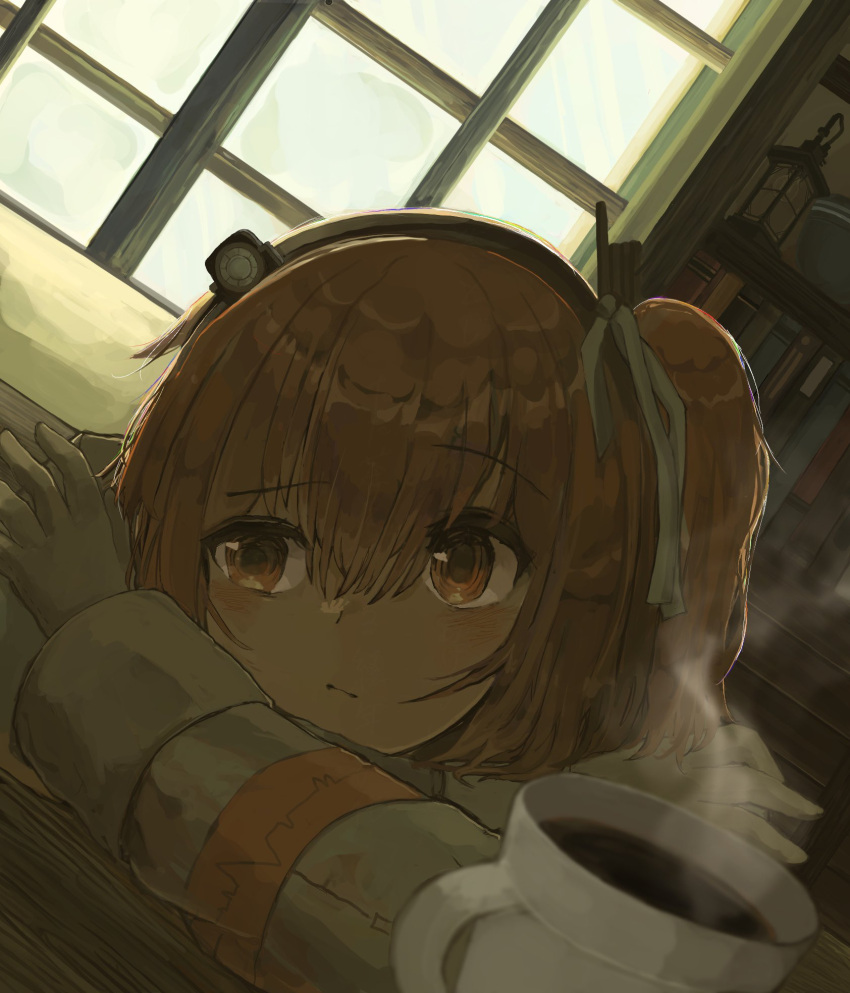 a.i._voice, adachi_rei, blush, coffee_mug, cup, day, hair_between_eyes, hair_ribbon, head_rest, headlamp, highres, indoors, jacket, long_sleeves, minamisuwari, mug, orange_eyes, orange_hair, radio, ribbon, side_ponytail, sleeves_past_elbows, utau, white_jacket, white_ribbon