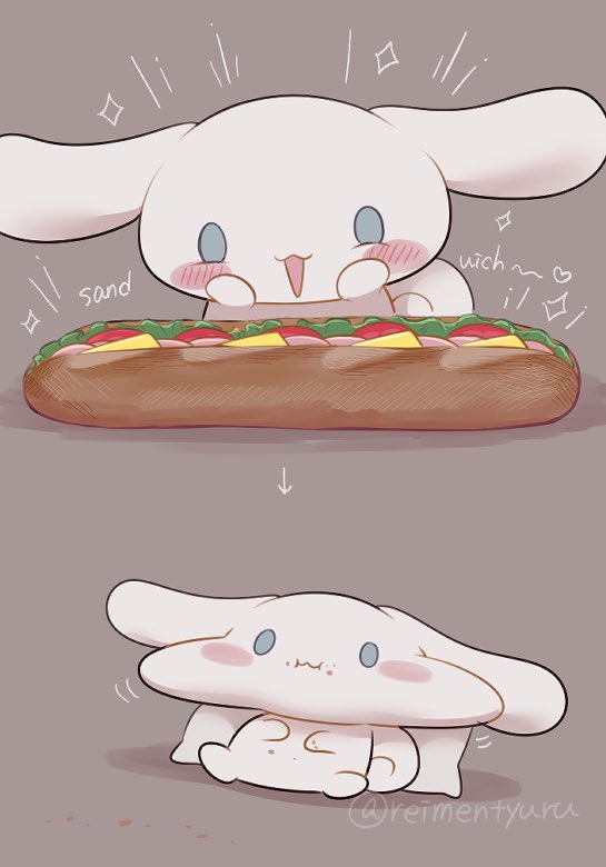 animal_focus, artist_name, blue_eyes, blush, blush_stickers, cinnamoroll, commentary, crumbs, dog, eating, excited, food, food_in_mouth, full_body, fuwa_fuwa_cinnamoroll, looking_at_food, open_mouth, reimentyuru, sandwich, sanrio, shadow, symbol-only_commentary, twitter_username