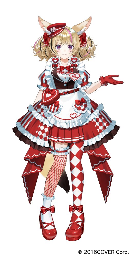 1girl, animal_ear_fluff, animal_ears, apron, argyle_clothes, argyle_pantyhose, ascot, asymmetrical_legwear