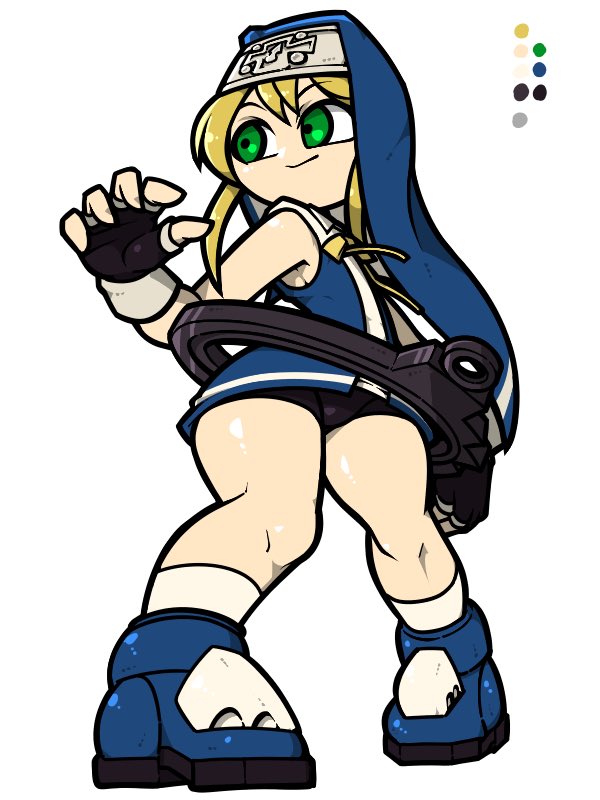 1boy, bike_shorts, black_gloves, black_shorts, blonde_hair, bridget_(guilty_gear), closed_mouth, color_guide, fingerless_gloves, full_body, gloves, green_eyes, guilty_gear, guilty_gear_xx, habit, long_hair, name_omoitukan2, neck_ribbon, nun, otoko_no_ko, ribbon, shiny_skin, shorts, simple_background, smile, solo, thick_lineart, white_background, yellow_ribbon