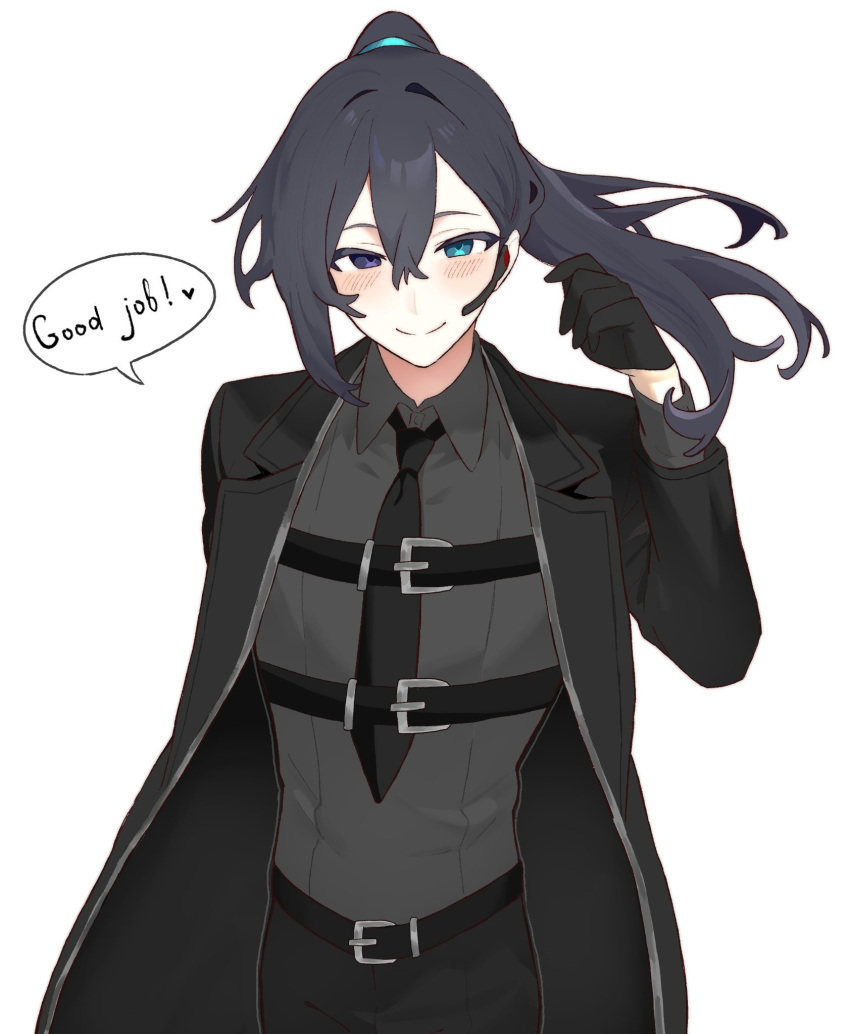 1boy, black_coat, black_hair, black_necktie, black_shirt, blue_eyes, blush, chest_harness, closed_mouth, coat, collared_shirt, cosplay, cowboy_shot, harness, heterochromia, high_ponytail, highres, hong_lu_(project_moon), lapels, library_of_ruina, limbus_company, liwei_(project_moon), liwei_(project_moon)_(cosplay), long_hair, looking_at_viewer, necktie, notched_lapels, past_desiderium, project_moon, shirt, smile, solo