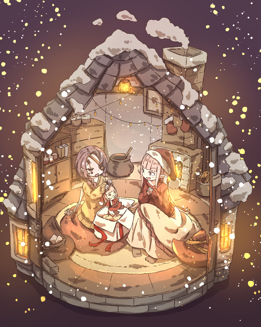 absurdres, bone, braid, cartoon_bone, chipie_0114, christmas, christmas_present, commission, commissioner_upload, elf, eyepatch, gift, hair_over_one_eye, hat, highres, holding, holding_stuffed_toy, ilyana, long_hair, monster_girl, necromancer, non-web_source, original, pointy_ears, santa_hat, single_braid, skeb_commission, skeletal_arm, skeletal_hand, stapled, stapled_face, steepled_fingers, stuffed_toy, sweater, undead, under_covers, valkrana, very_long_hair, winter, witch_hat, wizard, wizard_hat