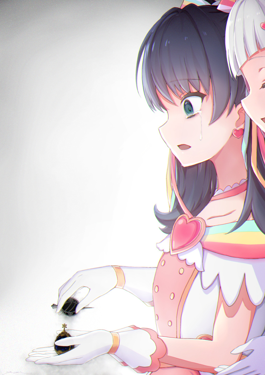 2girls, absurdres, behind_another, blue_eyes, blue_hair, bow, brooch, buttons