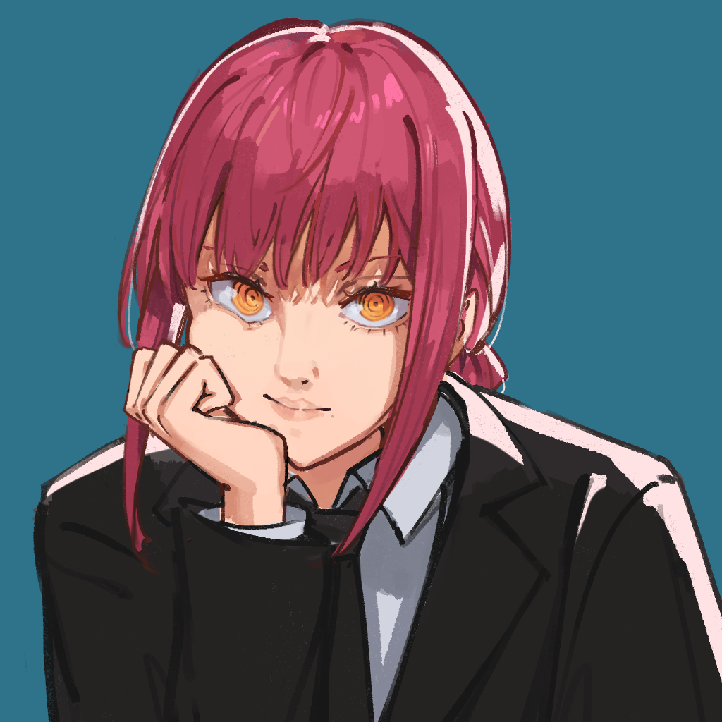 1girl, black_jacket, black_necktie, blue_background, cchhii3, chainsaw_man, closed_mouth, collared_shirt
