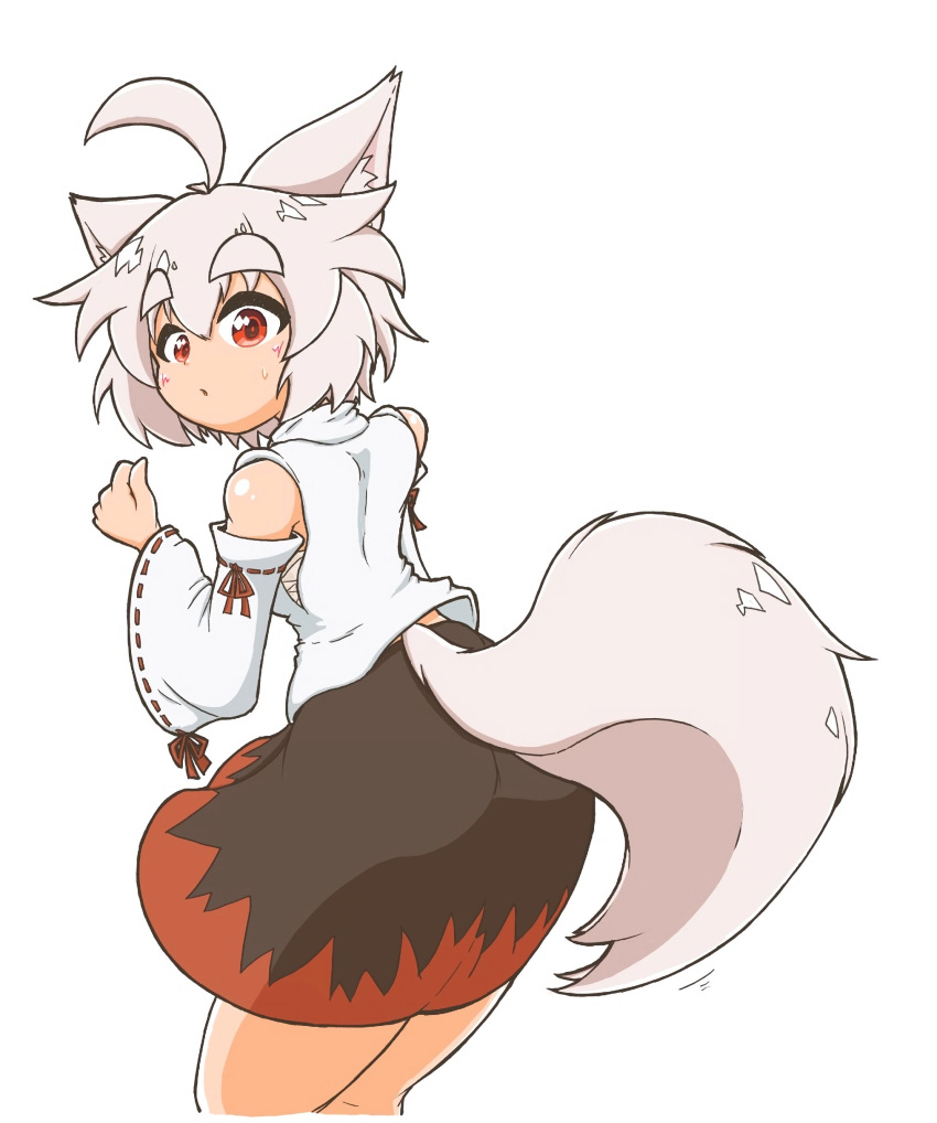 1girl, absurdres, ahoge, animal_ear_fluff, animal_ears, bare_shoulders, black_skirt, blush, breasts, detached_sleeves, hat, highres, inubashiri_momiji, large_breasts, red_eyes, red_hat, red_skirt, shirt, short_hair, shun_s86, simple_background, skirt, sleeveless, sleeveless_shirt, solo, tail, touhou, turtleneck, turtleneck_shirt, two-tone_skirt, white_background, white_hair, white_shirt, white_sleeves, wolf_ears, wolf_girl, wolf_tail