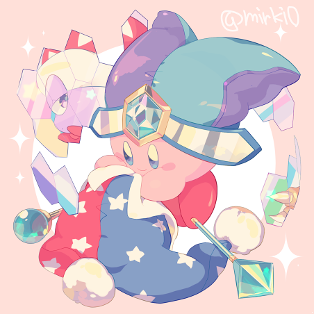 artist_name, blue_eyes, blue_gemstone, blue_hat, blush_stickers, bow, bowtie, circle, closed_mouth, colored_skin, commentary_request, copy_ability, expressionless, fur-trimmed_headwear, fur_trim, gem, gem_hat_ornament, half-closed_eyes, hat, holding, holding_hat, holding_unworn_clothes, holding_wand, jester_cap, kirby, kirby_(series), komoreg, looking_at_object, lowres, marx_(kirby), mirror, mirror_kirby, no_humans, orange_background, pink_skin, pom_pom_(clothes), purple_hat, purple_skin, red_bow, red_bowtie, red_footwear, red_hat, shoes, smile, sparkle, star_(symbol), star_print, triangle_print, two-tone_headwear, violet_eyes, wand