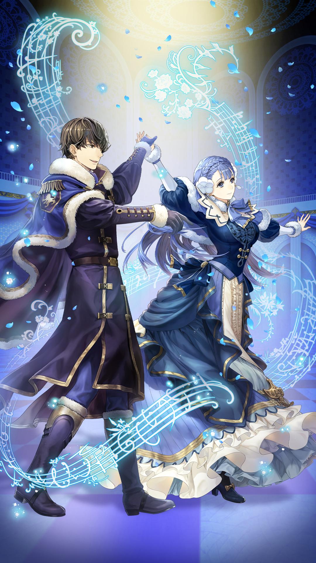 1boy, 1girl, asatani_tomoyo, berkut_(fire_emblem), berkut_(soiree)_(fire_emblem), blue_eyes, blue_hair, boots, cape, commentary, dancing, dress, earrings, fire_emblem, fire_emblem_echoes:_shadows_of_valentia, fire_emblem_heroes, full_body, fur-trimmed_boots, fur-trimmed_cape, fur-trimmed_sleeves, fur_trim, gloves, highres, jewelry, knee_boots, long_hair, official_art, official_wallpaper, rinea_(fire_emblem), rinea_(soiree)_(fire_emblem), short_hair