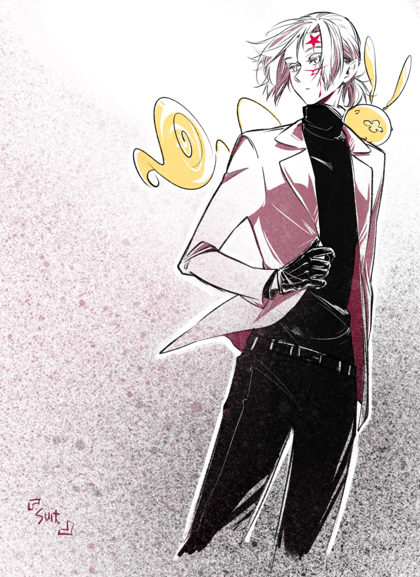 1boy, allen_walker, belt, black_gloves, black_pants, black_shirt, coat, creature