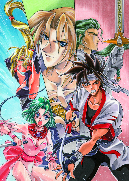 3boys, 90s, angry, armor, battle_arena_toshinden, blonde_hair, blue_eyes, bow