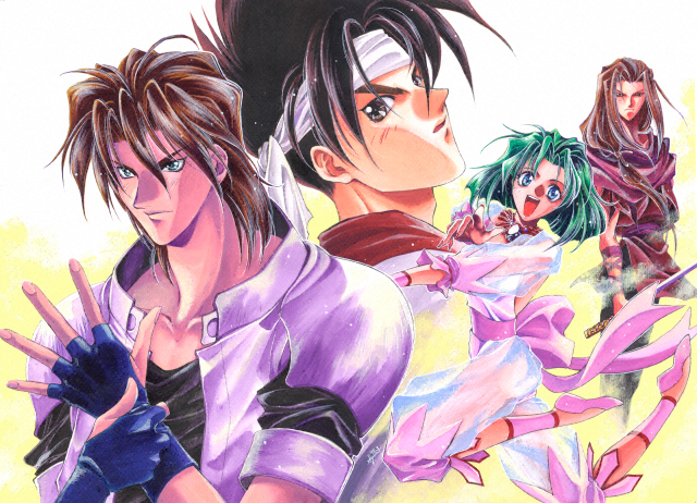 3boys, 90s, ahoge, ankle_cuffs, battle_arena_toshinden, blue_eyes, bow, brown_eyes, brown_hair, coat, eiji_shinjo, eiji_shinjo_(battle_arena_toshinden), ellis_(battle_arena_toshinden), gloves, green_hair, happy, jewelry, kayin_amoh, kayin_amoh_(battle_arena_toshinden), leotard, multiple_boys, necklace, open_mouth, pants, ribbon, scarf, see-through, sho_shinjo, sho_shinjo_(battle_arena_toshinden), short_hair, shuri_yasuyuki, sword, weapon, wrist_cuffs, yasuyuki_syuri