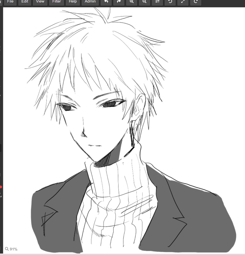 1boy, art_program_in_frame, atou_haruki, chinese_commentary, closed_mouth, commentary_request, cropped_shoulders, greyscale