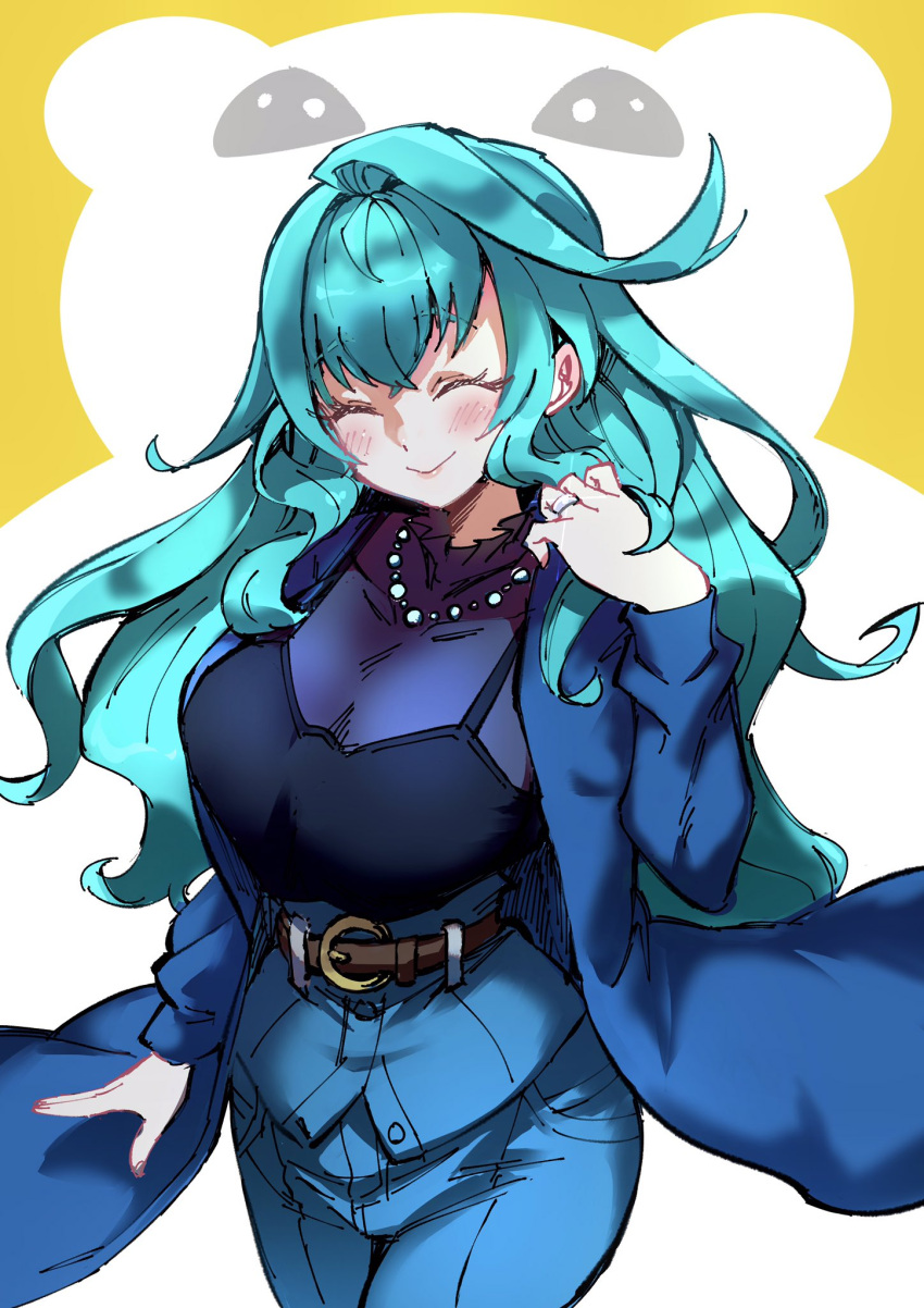 1girl, ^_^, black_camisole, blue_coat, blue_hair, blue_pants, breasts, camisole