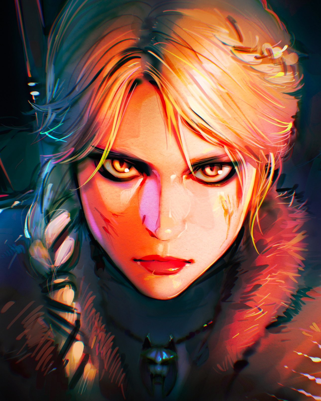 1girl, ciri, close-up, closed_mouth, commentary, english_commentary, fur_trim, highres