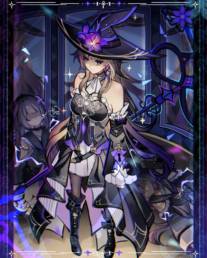 1girl, artist_name, bare_shoulders, black_hat, breasts, closed_mouth, detached_sleeves, dress