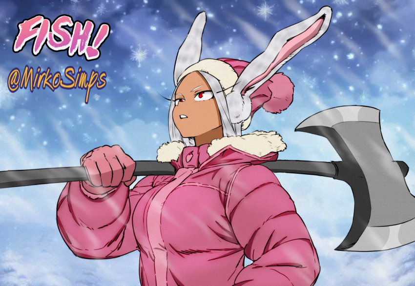 1girl, animal_ears, artist_collaboration, artist_name, axe, beanie, boku_no_hero_academia, breasts
