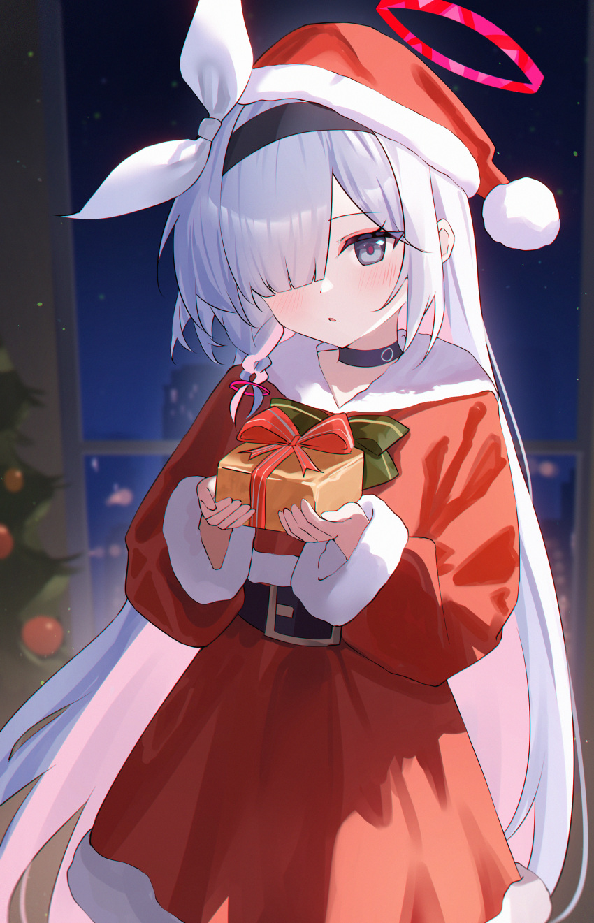 1girl, absurdres, belt, blue_archive, blush, bow, box, braid