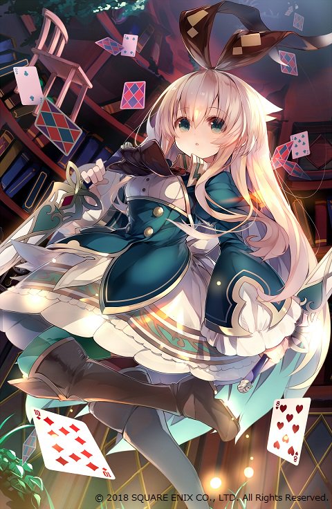 1girl, alice_(grimms_echoes), asymmetrical_legwear, black_ribbon, blonde_hair, blue_dress, blue_eyes, bookshelf